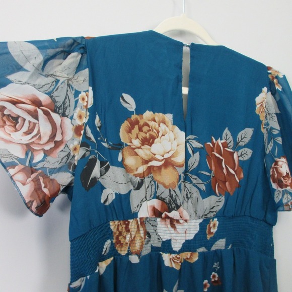 Baltic Born Smocked Midi Dress XL Blue Floral V Neck Boho Summer Party Chic 334 - Picture 5 of 12